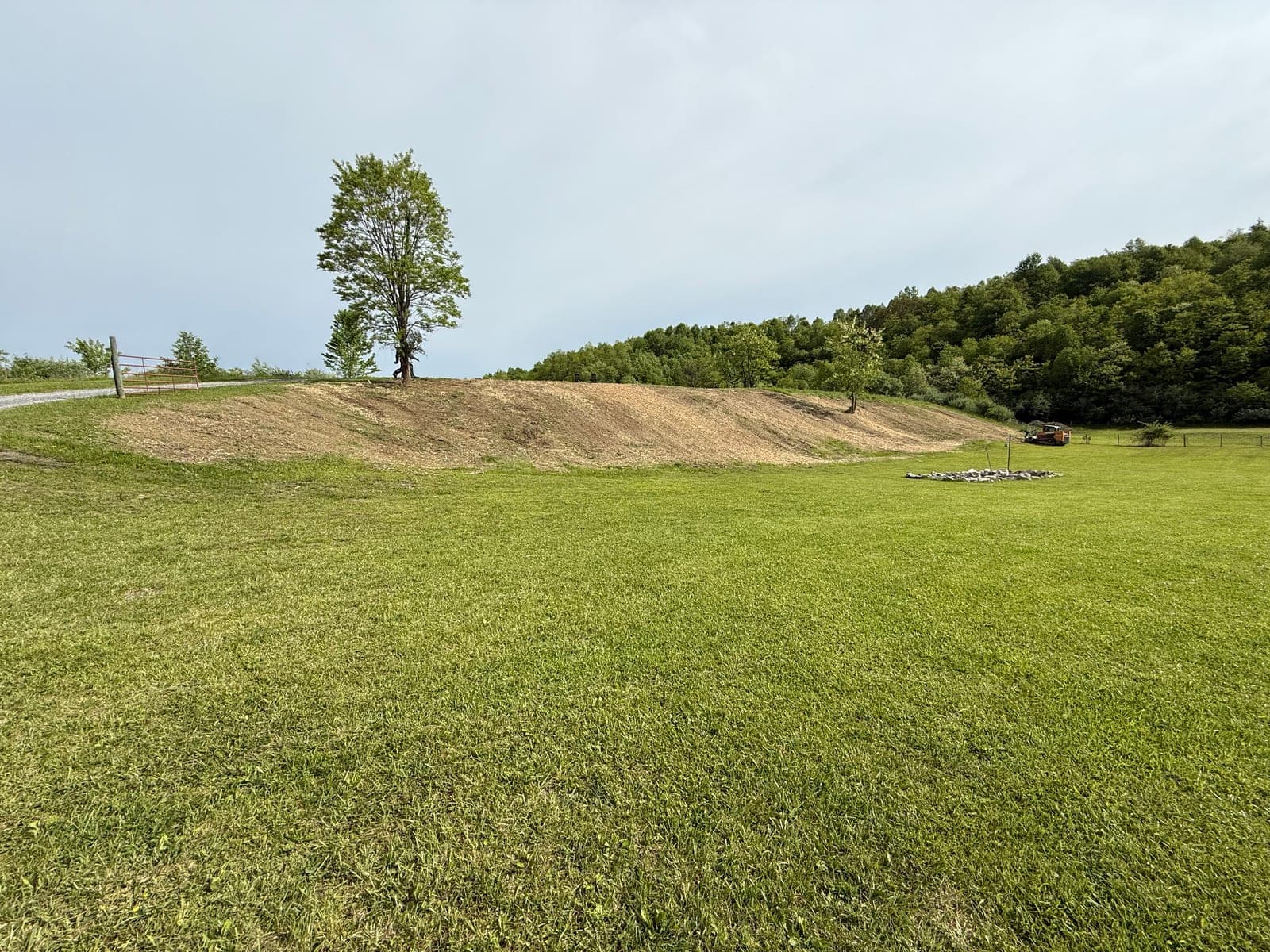 Graded and seeded fill slope above a mown field, with a gravel drive and gate beyond